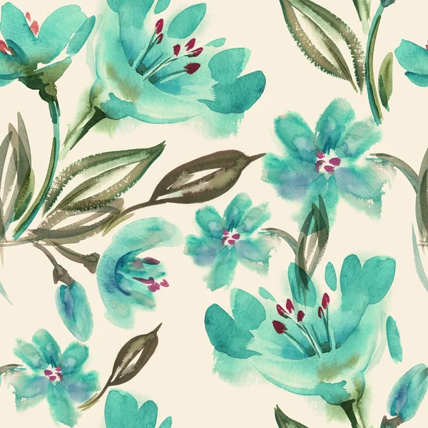 Watercolor Turquoise Flowers Seamless Pattern — Stock Photo, Image