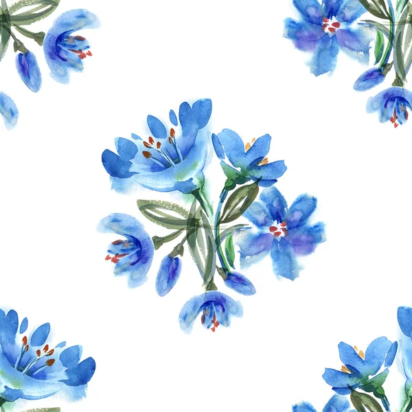 Acquerello blu fiori modello senza soluzione di continuità — Foto Stock