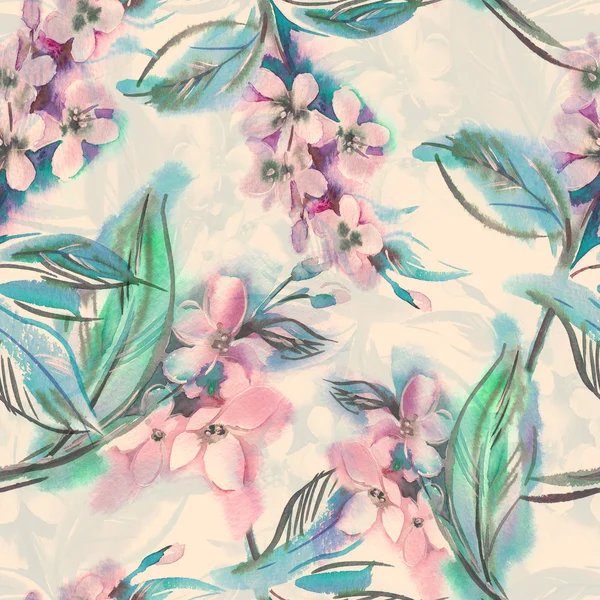 Watercolor Seamless Pattern with Blooming Twigs — Stock Photo, Image