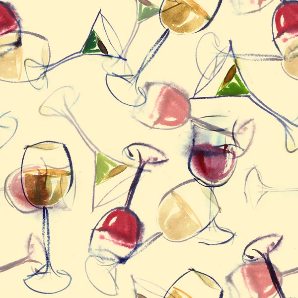 Aquarelle Modèle sans couture de verres de vins — Photo