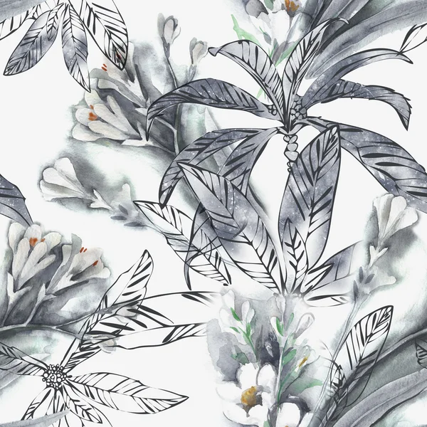 Watercolor Seamless Pattern with Exotic Plants — Stock Photo, Image