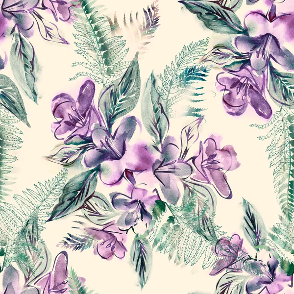Akvarell Seamless Pattern páfrány levelekkel — Stock Fotó