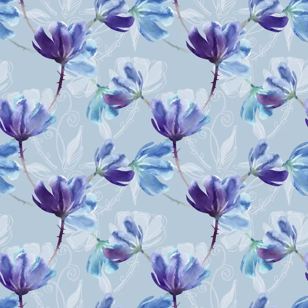 Акварель бесшовный узор голубых цветов — стоковое фото