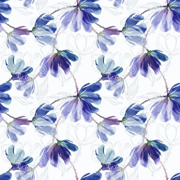 青い花の水彩画のシームレス パターン — ストック写真