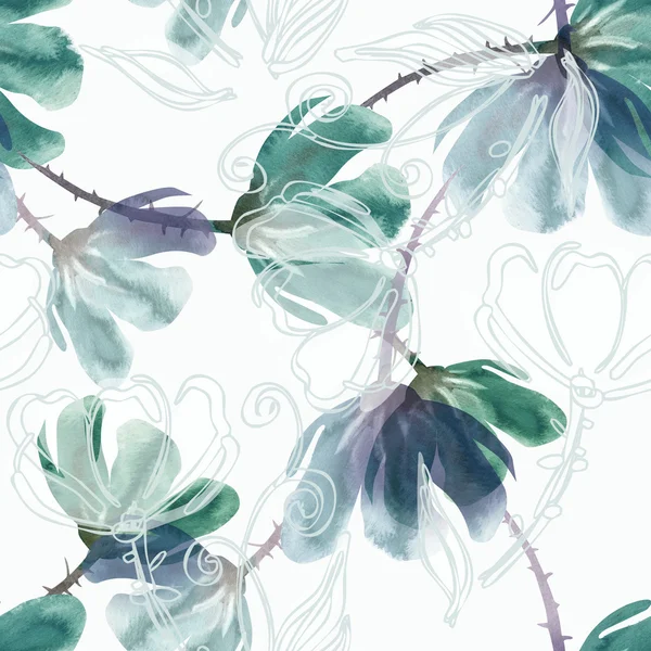 Akwarela bezszwowe wzór zielone kwiaty — Zdjęcie stockowe
