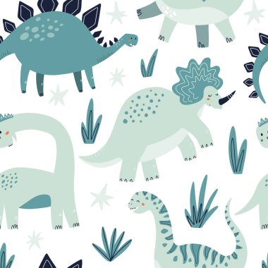 Şirin, dinazorun pürüzsüz deseni. Ve tekstil, kumaş veya duvar kağıdı için vektör çizimi