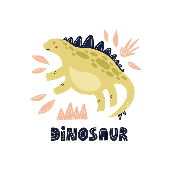 공룡 스테고사우루스 손으로 그린 귀여운 보육기 포스터 설계를 위한 벡터 삽화 — 스톡 벡터