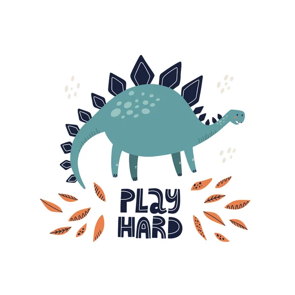 Aranyos Stegosaurus dinoszaurusz játék kemény betűkkel. HAnd rajzolt vektor illusztráció plakát vagy kártya tervezés — Stock Vector