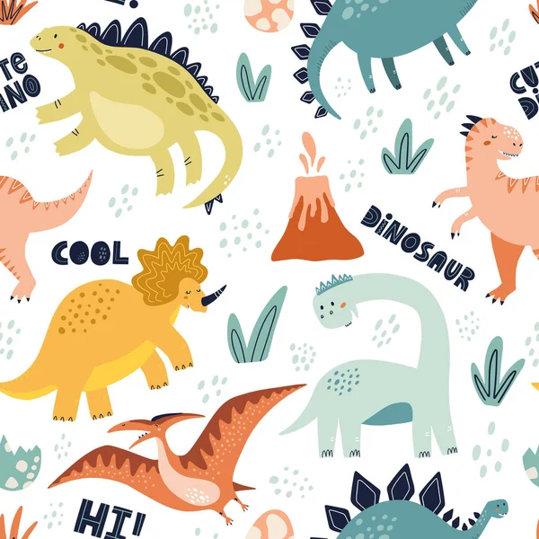 Aranyos dinoszaurusz zökkenőmentes minta betűkkel. Kézzel rajzolt vektor illusztráció textil- vagy csomagolástervezéshez — Stock Vector