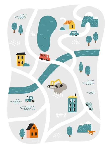 Lindo Mapa Ciudad Para Habitación Los Niños Ilustración Vectorial Dibujada — Vector de stock