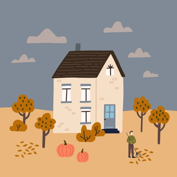 Осенний Пейзаж Симпатичный Дом Садом Мужчина Собирает Листья Векторная Иллюстрация — стоковый вектор
