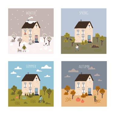 Şirin evleri ve ağaçları olan kasaba meydanı ya da sokak. Bebek arabasıyla yürüyen bir kadın. Sakin mahalle kavramı. 