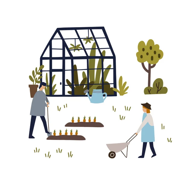 Kert Üvegházzal Fákkal Karakterekkel Gondoskodás Növényekről Kézzel Rajzolt Vektor Illusztráció — Stock Vector