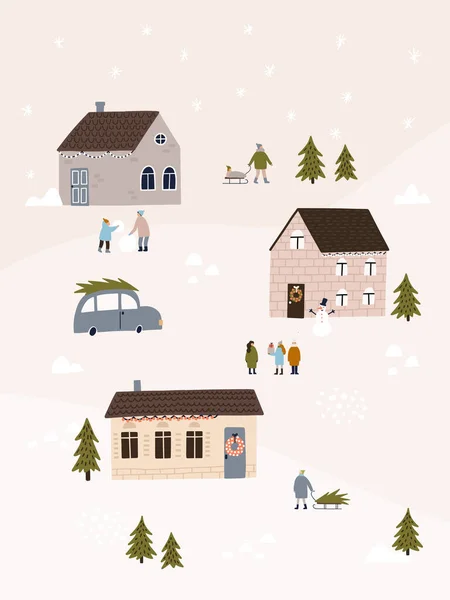 Şirin Evleri Arabaları Insanları Olan Kış Manzarası Tebrik Kartı Poster — Stok Vektör