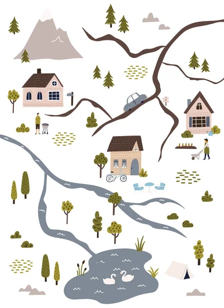 かわいい家 人々と町の地図 手描きベクトル漫画イラスト用ポスター — ストックベクタ