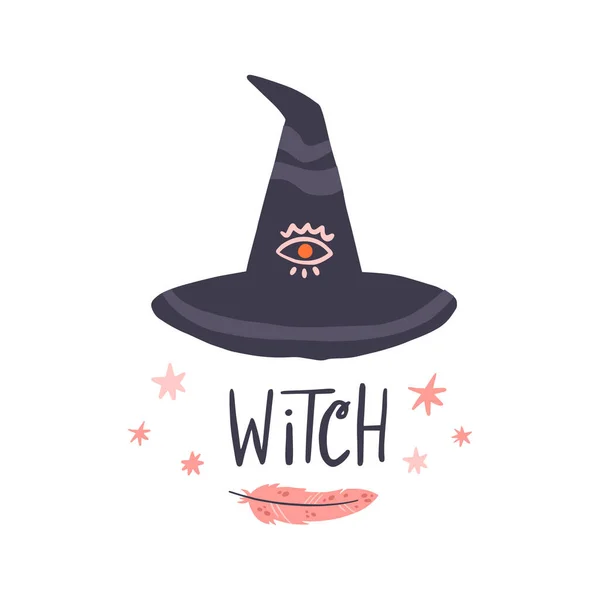 Čarodějnický klobouk s okem a peřím. Ručně kreslená vektorová ilustrace s nápisem pro plakát. Halloween magie koncept — Stockový vektor