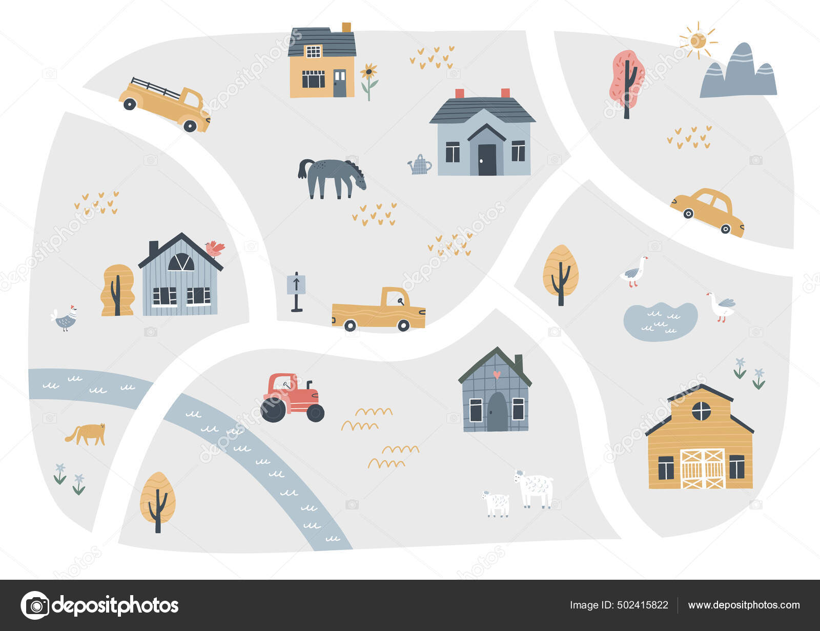 Cute village map with houses and animals. Hand drawn vector illustration of  a farm. Town map creator Stock Vector by ©MariaNechaeva 502415822