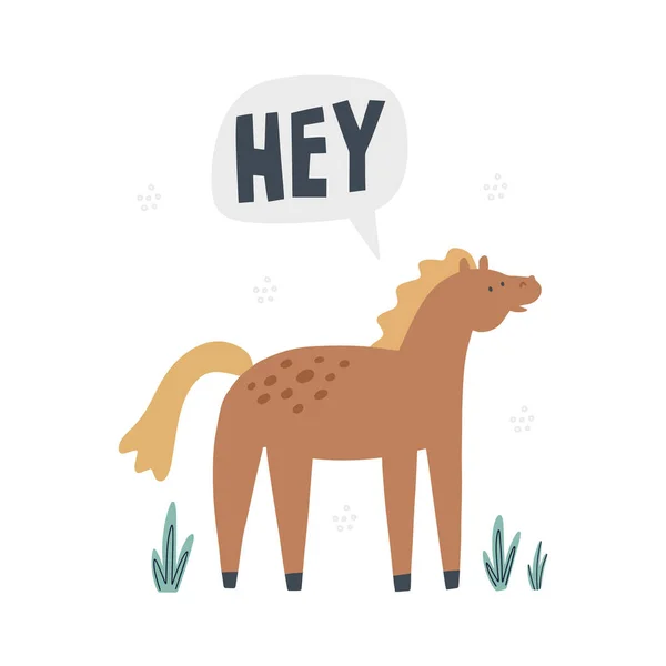 Ló üdvözöl. Kézzel rajzolt vektor illusztráció. Aranyos állat betűkkel — Stock Vector