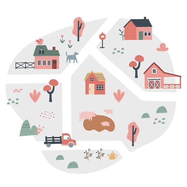 Lindo mapa del pueblo con casas y animales. Ilustración vectorial dibujada a mano de una granja. Creador de mapa de ciudad — Vector de stock