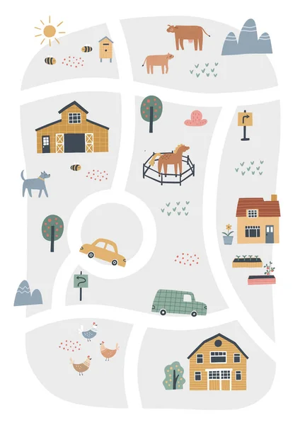 Evleri ve hayvanları olan şirin bir köy haritası. Bir çiftliğin el çizimi vektör çizimi. Kasaba haritası oluşturucu — Stok Vektör