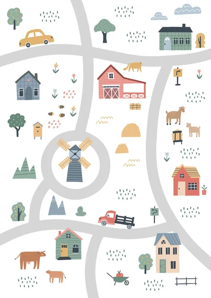 Mapa bonito da aldeia com casas e animais. Ilustração vetorial desenhada à mão de uma fazenda. —  Vetores de Stock