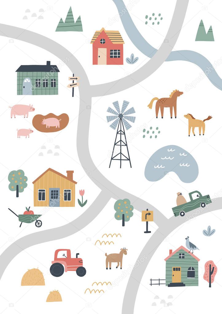 Cute village map with houses and animals. Hand drawn vector illustration of a farm. Town map creator