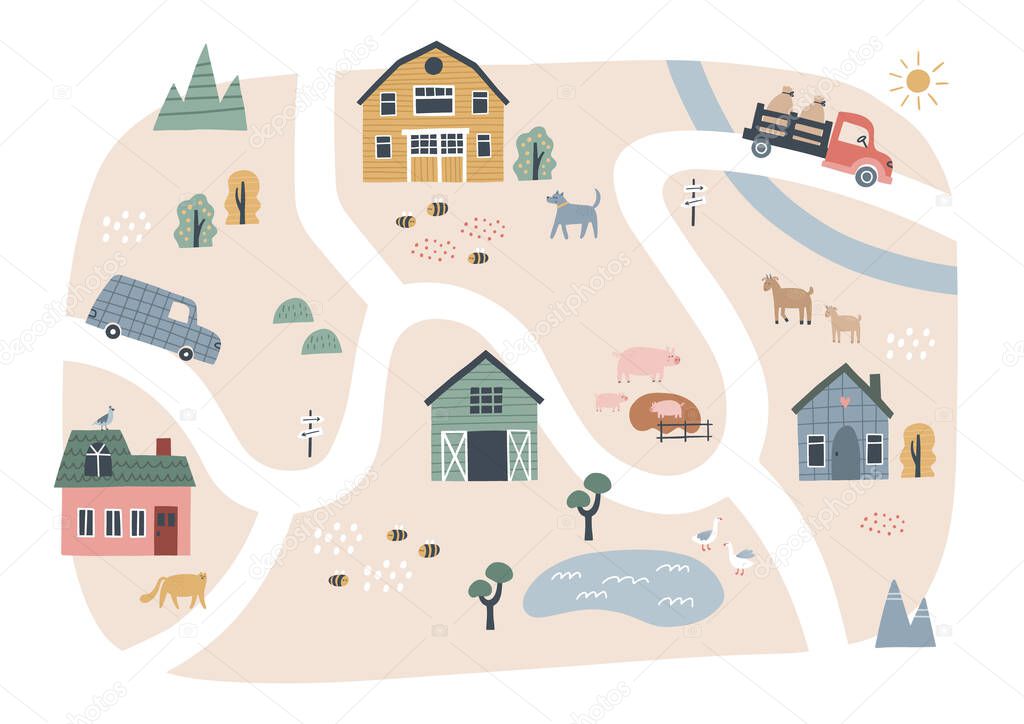 Cute village map with houses and animals. Hand drawn vector illustration of a farm. Town map creator