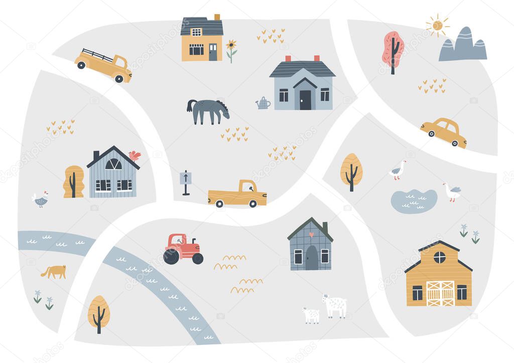 Cute village map with houses and animals. Hand drawn vector illustration of a farm. Town map creator