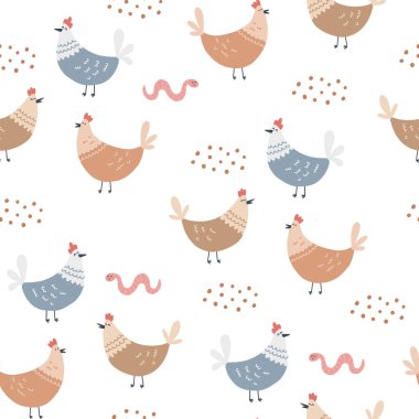 Tavuklar ve solucanlarla kusursuz desen. Çocuklar için el çizimi vektör çizimi tekstil tasarımı