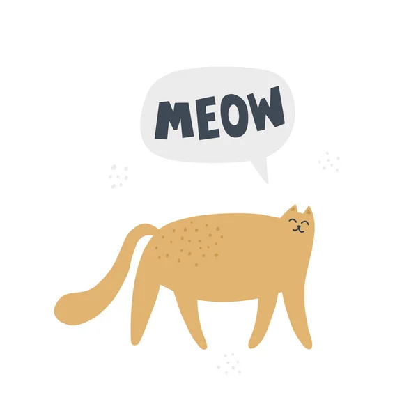 Lindo gato dice maullido. Ilustración vectorial dibujada a mano para niños — Vector de stock