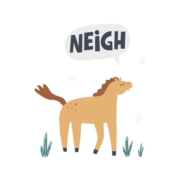 A ló azt mondja, neigh. Kézzel rajzolt vektor illusztráció betűkkel rajzfilm stílus gyerekeknek design — Stock Vector