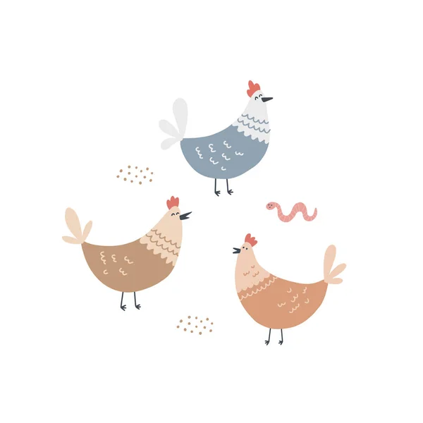 Bonitas gallinas y un gusano en el corral. Ilustración vectorial dibujada a mano para niños — Archivo Imágenes Vectoriales