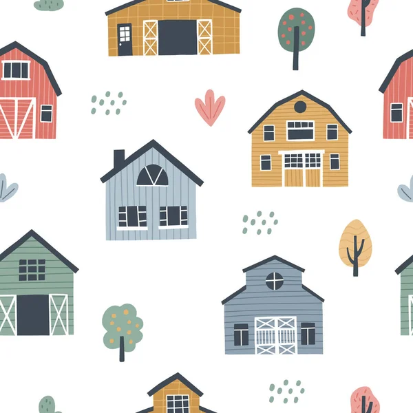 Nahtloses Muster mit niedlichen Dorfhäusern. HAnd gezeichnete Vektorillustration für Kinderdesign — Stockvektor