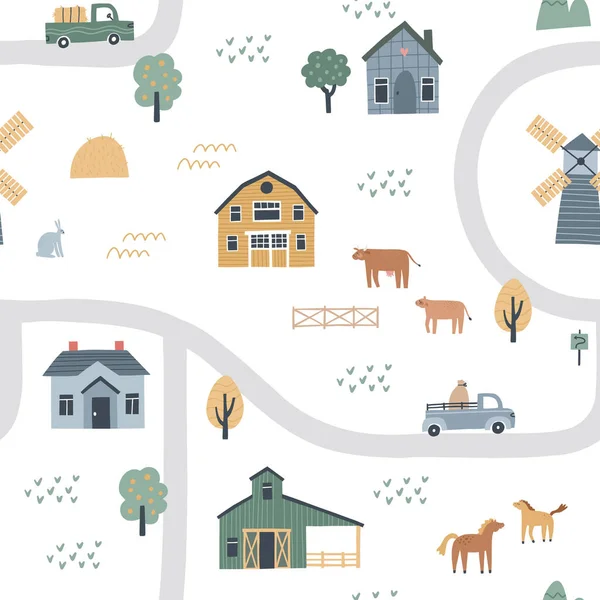 Seamless pattern with houses, roads and cars. Hand drawn vector illustration of a village or farm — Stock Vector