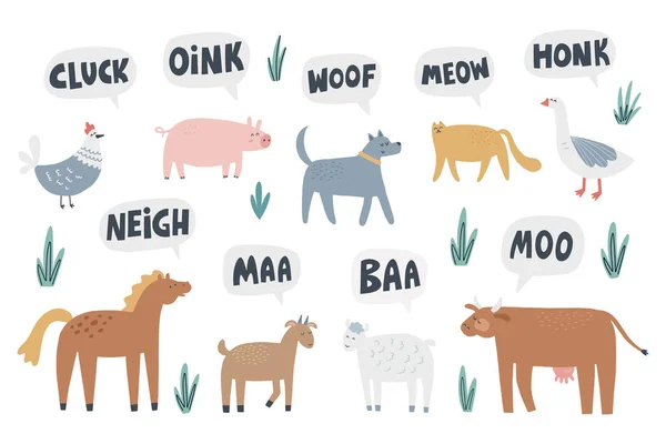 Conjunto de animais de fazenda bonitos que dizem seus sons. HAnd desenho vetorial ilustração com letras para crianças design —  Vetores de Stock