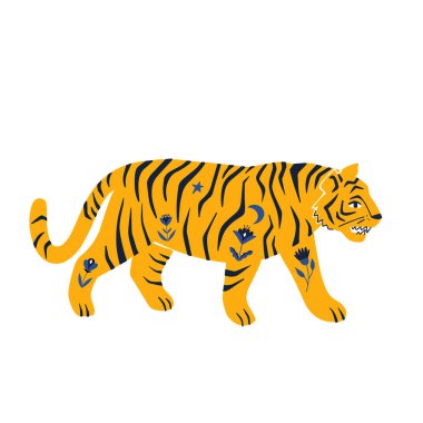 Boho dövmeli kaplan. El çizimi vektör çizimi. Gizemli Konsept.