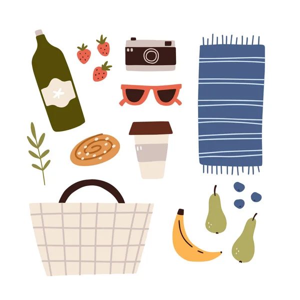 Concepto Picnic Set Con Cesta Comida Otros Artículos Picnic Ilustración — Archivo Imágenes Vectoriales