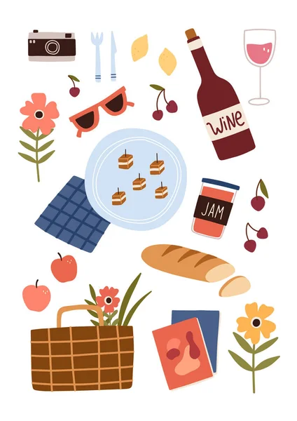 Conjunto Alimentos Bebidas Otros Artículos Esenciales Picnic Ilustración Vectorial Dibujada — Vector de stock