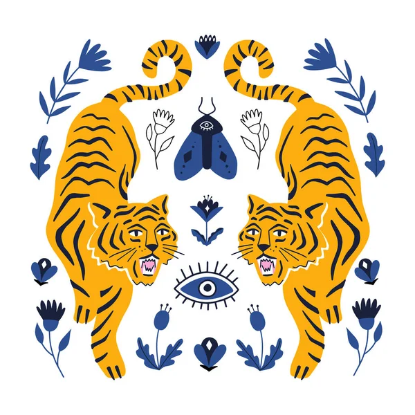 Симетрична концепція з тиграми та містичними елементами бухо. Рука намальована Векторні ілюстрації — стоковий вектор