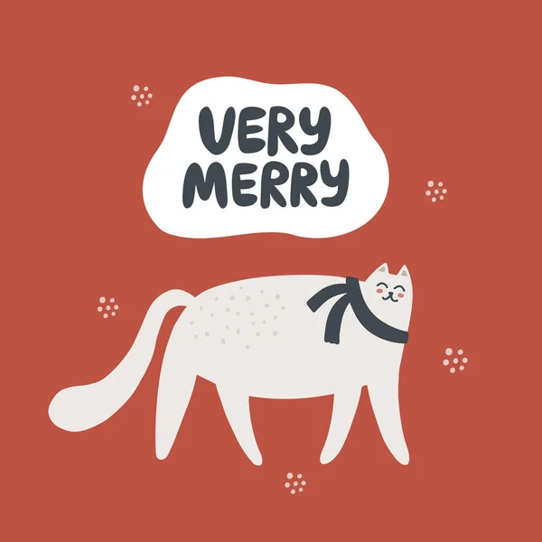 Aranyos Macska Nagyon Vidám Betű Kézzel Rajzolt Vektor Illusztráció Karácsonyi — Stock Vector