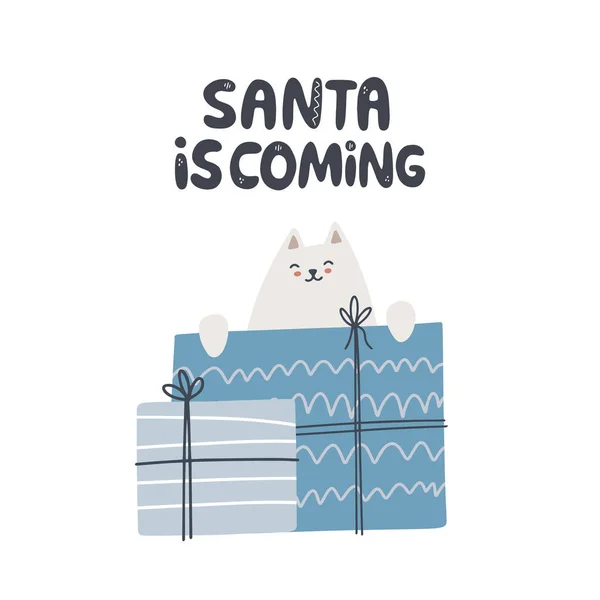 Kedi Noel Hediyelerinde Saklanıyor Çizimi Vektör Çizimi Noel Baba Harflerle — Stok Vektör