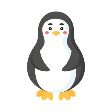 Beyaz arka planda sevimli komik penguen izi. Arctican çizgi film karakteri albüm, albüm, albüm, tebrik kartı, davetiye, duvar dekorasyonu için. Düz renkli vektör stok çizimi.