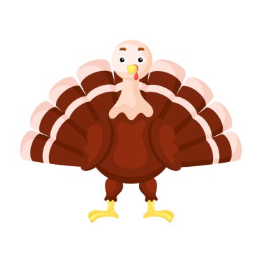 Beyaz arka planda şirin bir hindi izi var. Albüm, albüm, albüm, tebrik kartı, davetiye, duvar dekorasyonu için yerli çizgi film karakteri. Düz renkli vektör stok çizimi.