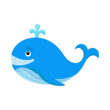 Beyaz arka planda sevimli, komik balina izi. Albüm, albüm, albüm, tebrik kartı, davetiye, duvar dekorasyonu için okyanus çizgi film karakteri. Düz renkli vektör stok çizimi.