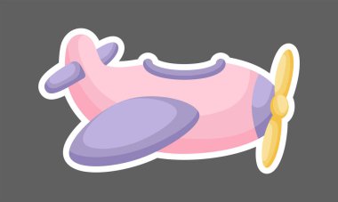 Not defteri, kart ve davetiye tasarımı için pembe-mor renkli çizgi film uçağı. Çizgi film görüntüsüyle süslenmiş şirin bir etiket şablonu. Renkli uçak düz stil tasarımı. Vektör stok illüstrasyonu.