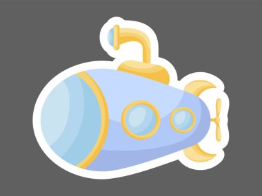 Çizgi film mavi denizaltısı, periskop ile defter, kart ve davetiye tasarlamak için. Çizgi film görüntüsüyle süslenmiş şirin bir etiket şablonu. Düz çizgi film renkli vektör stok çizimi.