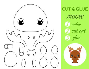 Simple educational game coloring page cut and glue sitting baby moose for kids. Educational paper game for preschool children. Color, cut parts and glue on paper. Vector stock illustration. vector