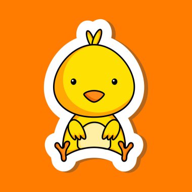 Şirin karikatür çıkartması, küçük piliç logosu şablonu. Albüm, albüm, albüm, tebrik kartı, davetiye, broşür, çıkartma, kart maskotu. Vektör stok illüstrasyonu.