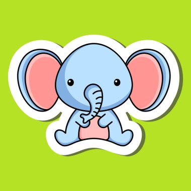 Şirin bir karikatür çıkartması, küçük fil logosu şablonu. Albüm, albüm, albüm, tebrik kartı, davetiye, broşür, çıkartma, kart maskotu. Vektör stok illüstrasyonu.