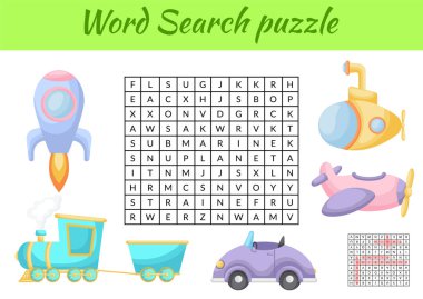 Oyun, resimli çocuklar için hayvanların kelime araması yapbozu şablonu. Çocuk aktivitesi çalışma tablosu basılabilir versiyonu. İngilizce kelime eğitimi için eğitici bir oyun. Cevapları da içeriyor. Vektör stok illüstrasyonu